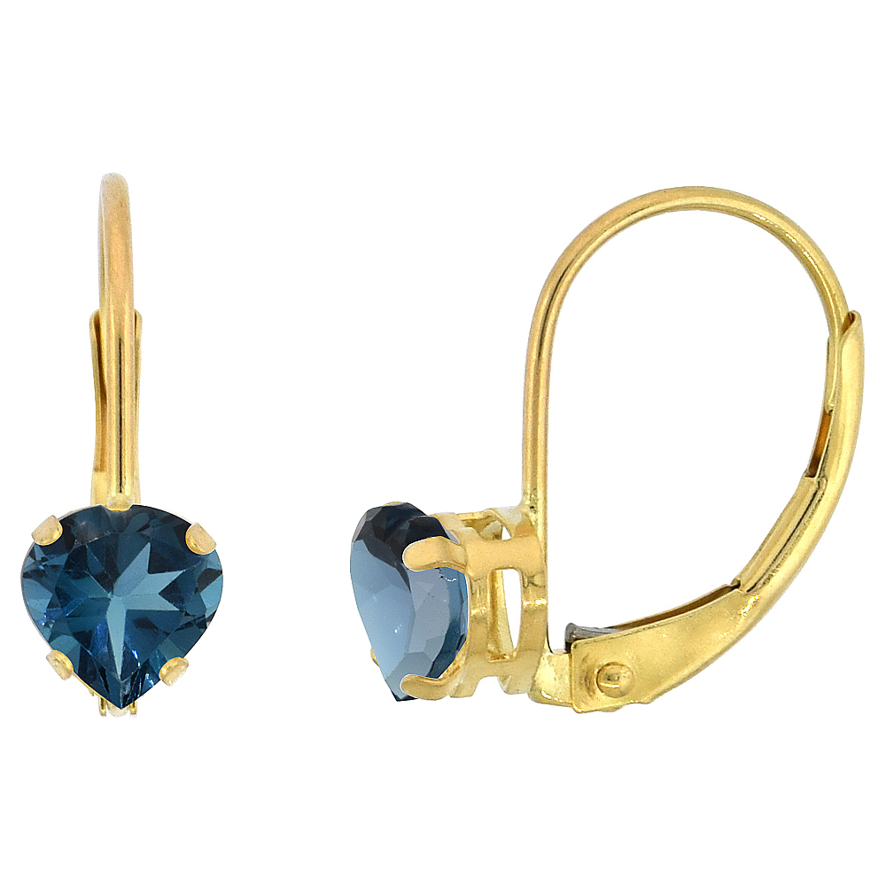 10k Yellow Gold Natural London Blue Topaz Leverback Earrings 5mm Heart Shape 1 ct 9/16 inch