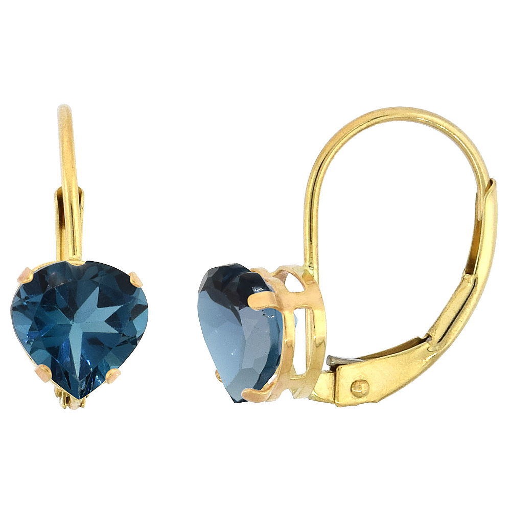 10k Yellow Gold Natural London Blue Topaz Leverback Earrings 6mm Heart Shape 1.5 ct 9/16 inch