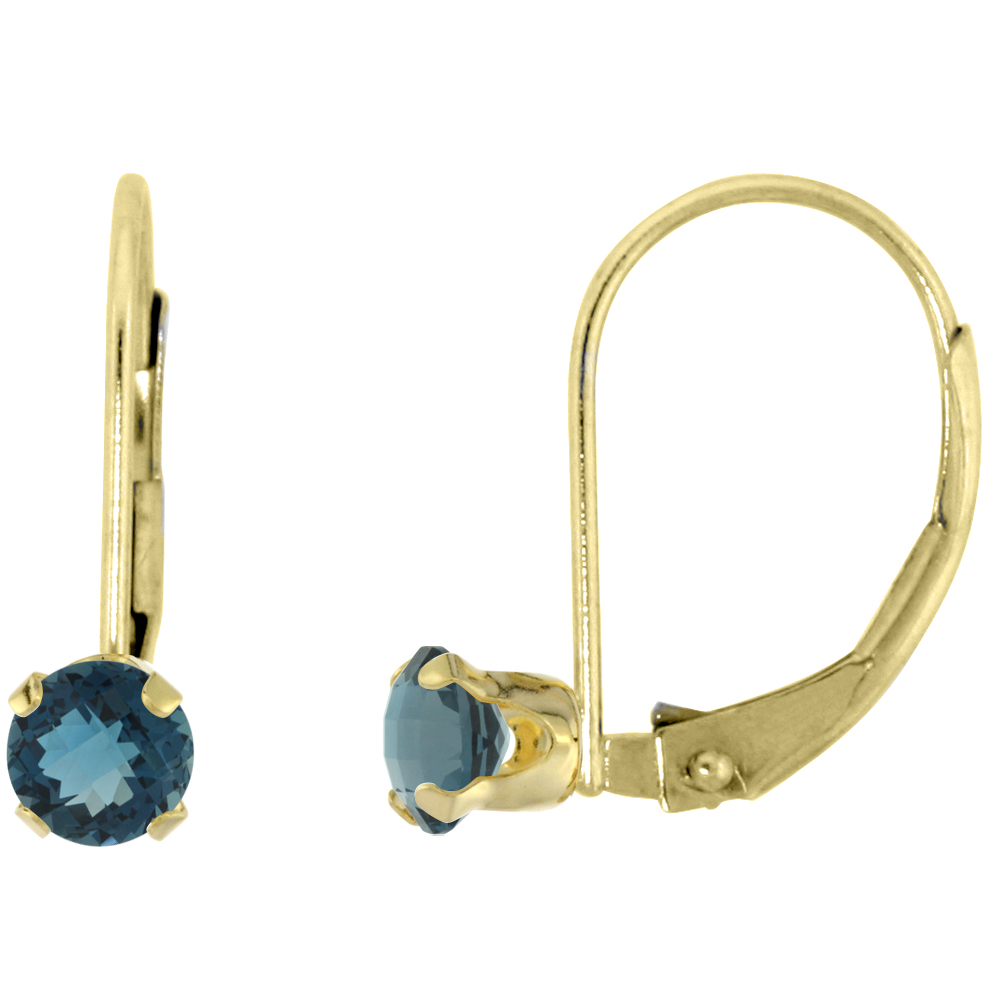10k Yellow Gold Natural London Blue Topaz Leverback Earrings 3mm Round 0.22 ct 9/16 inch