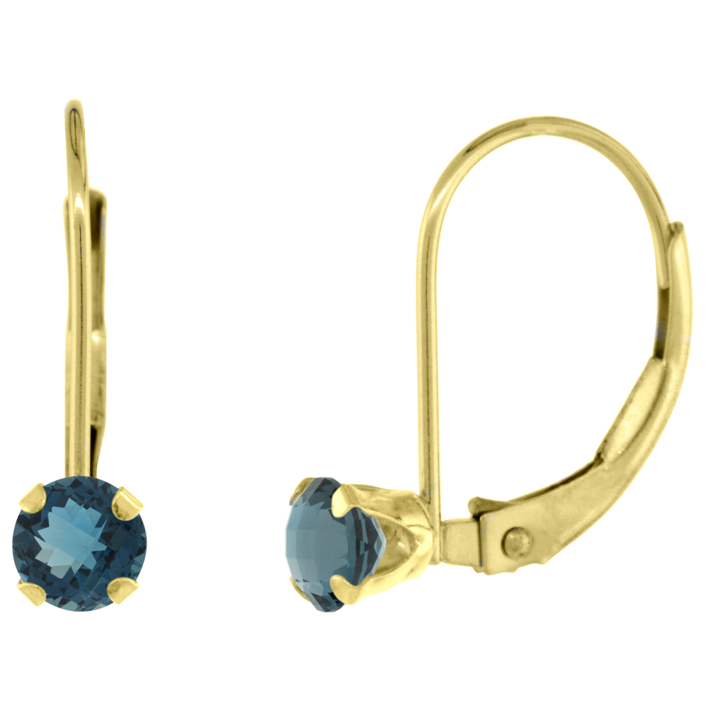 10k Yellow Gold Natural London Blue Topaz Leverback Earrings 4mm Round 0.50 ct 9/16 inch