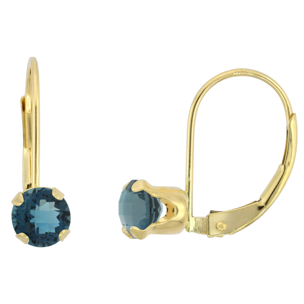 10k Yellow Gold Natural London Blue Topaz Leverback Earrings 5mm Round 1 ct 9/16 inch