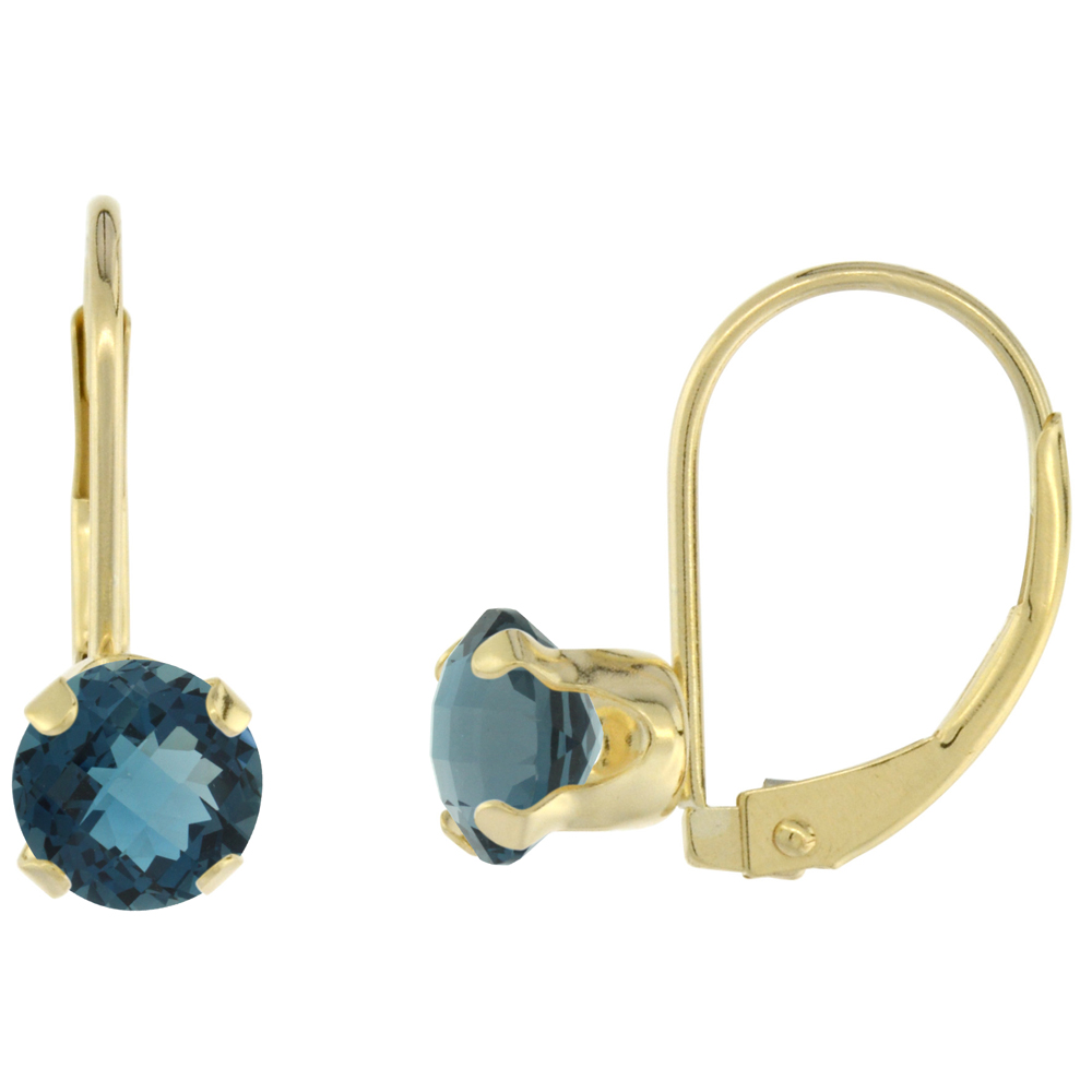 10k Yellow Gold Natural London Blue Topaz Leverback Earrings 6mm Round 1.5 ct 9/16 inch