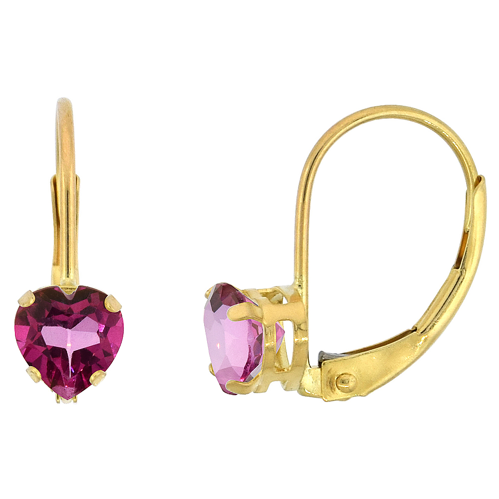 10k Yellow Gold Natural Pink Topaz Leverback Earrings 5mm Heart Shape 1 ct 9/16 inch