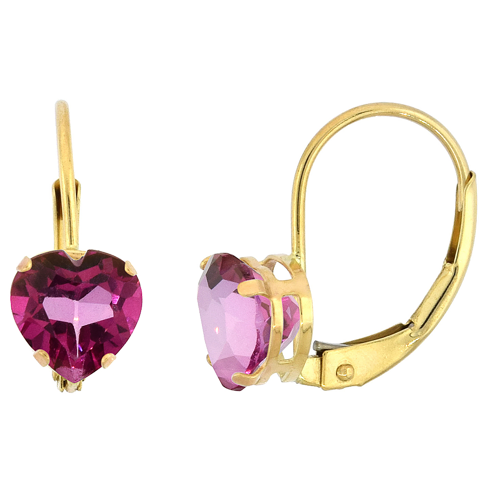 10k Yellow Gold Natural Pink Topaz Leverback Earrings 6mm Heart Shape 1.5 ct 9/16 inch