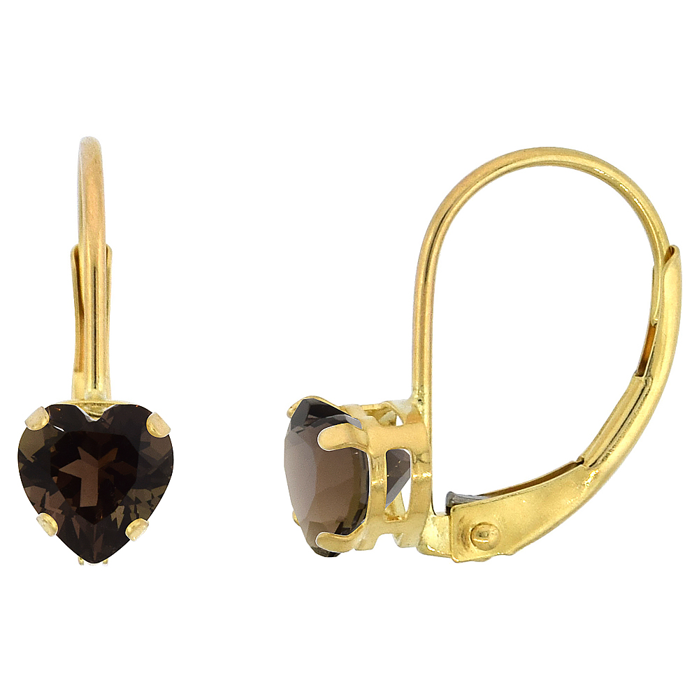 10k Yellow Gold Natural Smoky Topaz Leverback Earrings 5mm Heart Shape 1 ct 9/16 inch