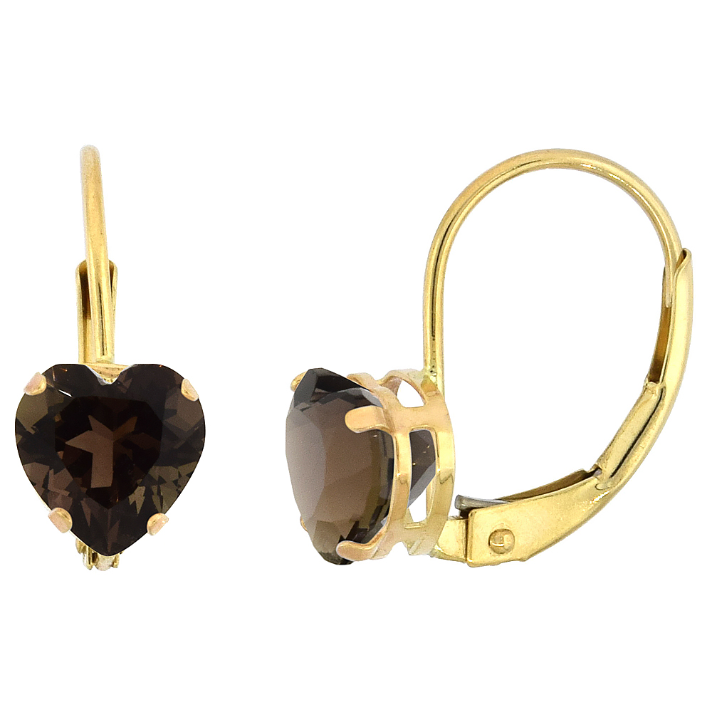 10k Yellow Gold Natural Smoky Topaz Leverback Earrings 6mm Heart Shape 1.5 ct 9/16 inch