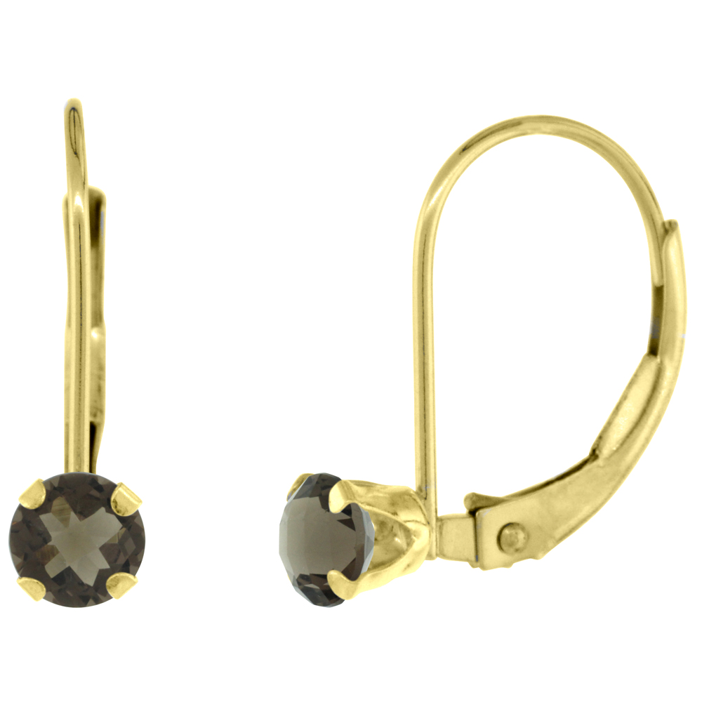 10k Yellow Gold Natural Smoky Topaz Leverback Earrings 4mm Round 0.50 ct 9/16 inch