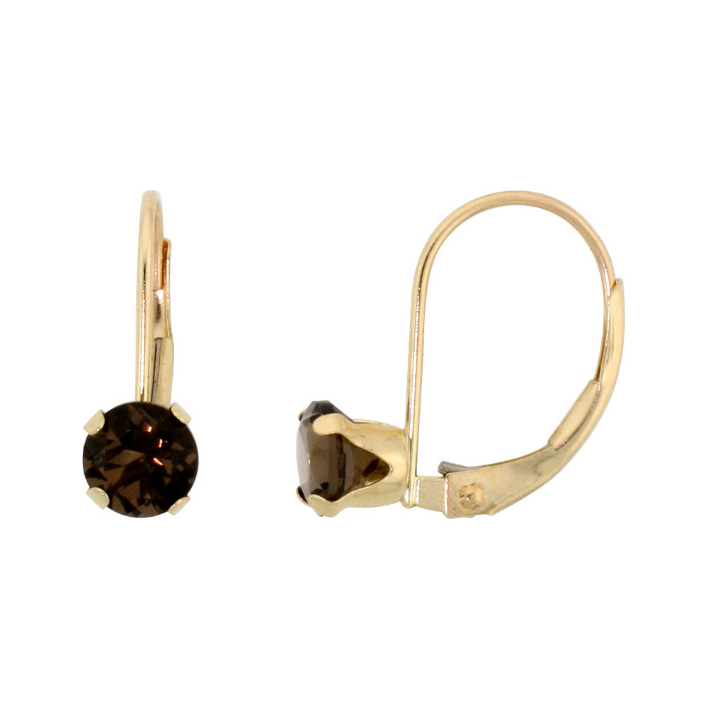 10k Yellow Gold Natural Smoky Topaz Leverback Earrings 5mm Round 1 ct 9/16 inch