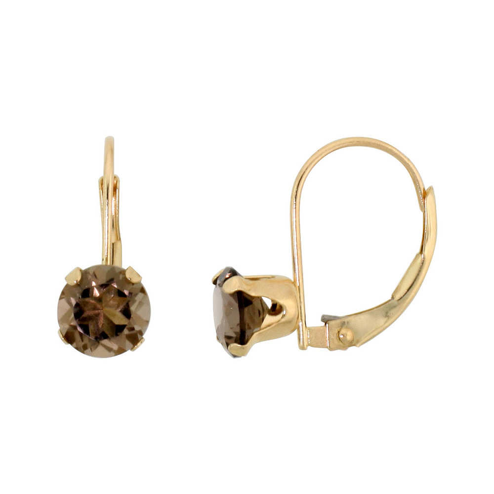 10k Yellow Gold Natural Smoky Topaz Leverback Earrings 6mm Round 1.5 ct 9/16 inch