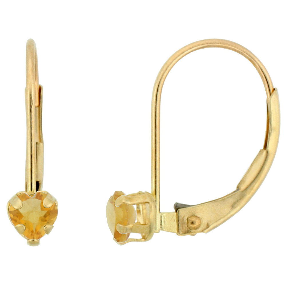 10k Yellow Gold Natural Citrine Leverback Earrings 4mm Heart Shape 0.50 ct 9/16 inch