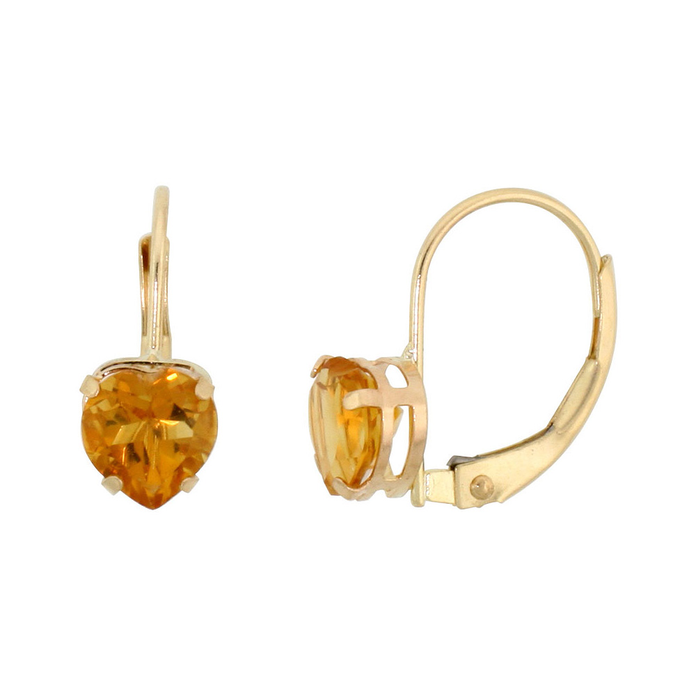 10k Yellow Gold Natural Citrine Leverback Earrings 6mm Heart Shape 1.5 ct 9/16 inch