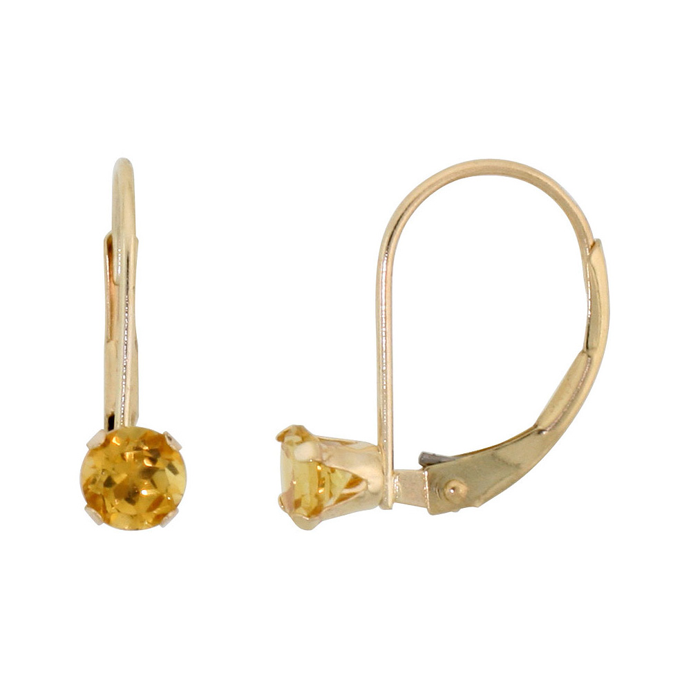 10k Yellow Gold Natural Citrine Leverback Earrings 4mm Round 0.50 ct 9/16 inch