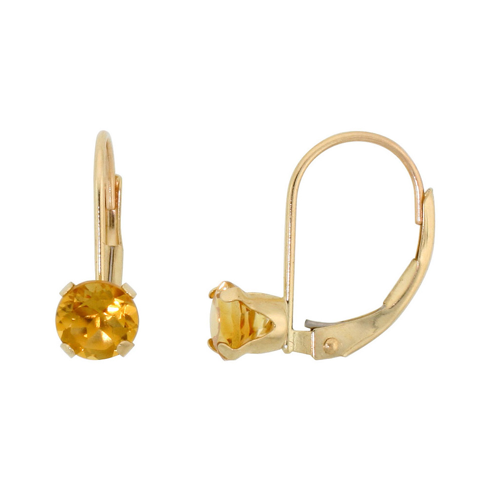 10k Yellow Gold Natural Citrine Leverback Earrings 5mm Round 1 ct 9/16 inch