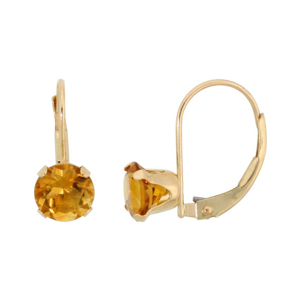 10k Yellow Gold Natural Citrine Leverback Earrings 6mm Round 1.5 ct 9/16 inch
