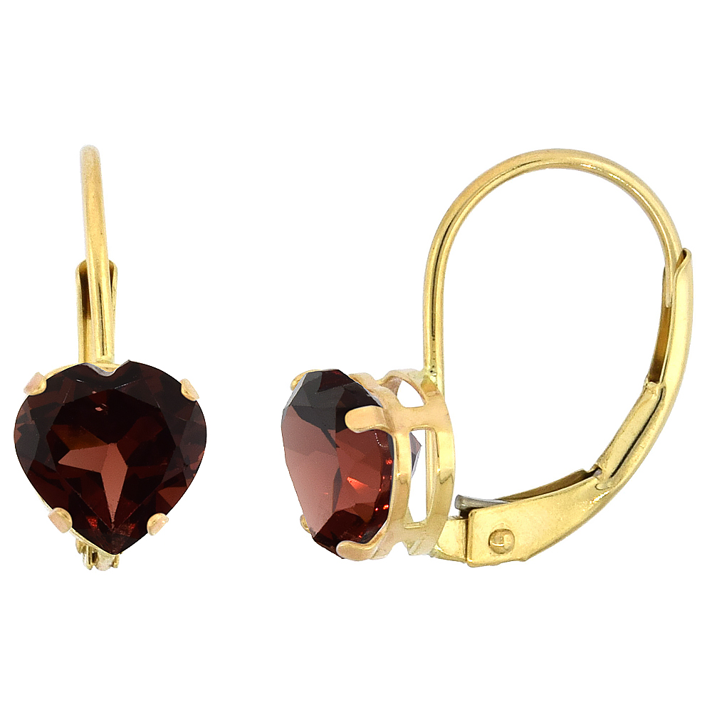 10k Yellow Gold Natural Garnet Leverback Earrings 6mm Heart Shape 1.5 ct 9/16 inch