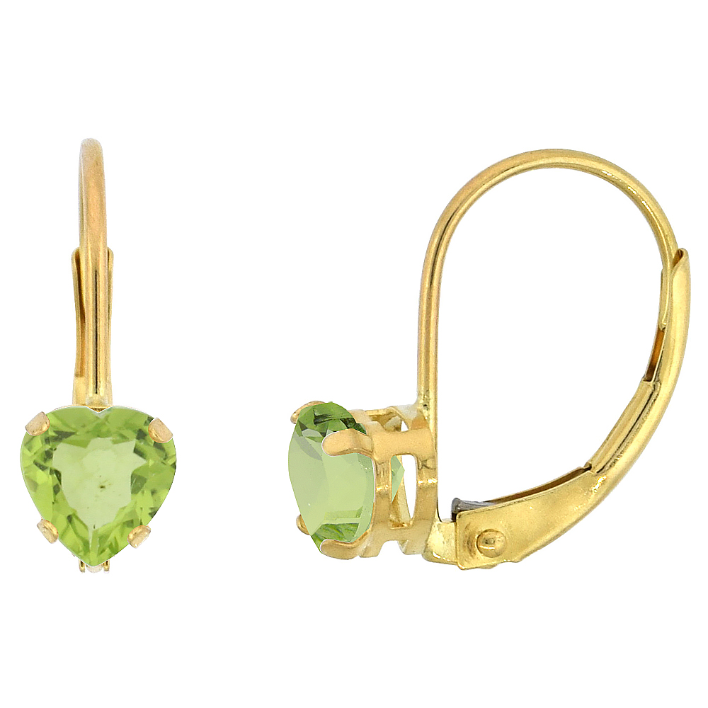 10k Yellow Gold Natural Peridot Leverback Earrings 5mm Heart Shape 1 ct 9/16 inch
