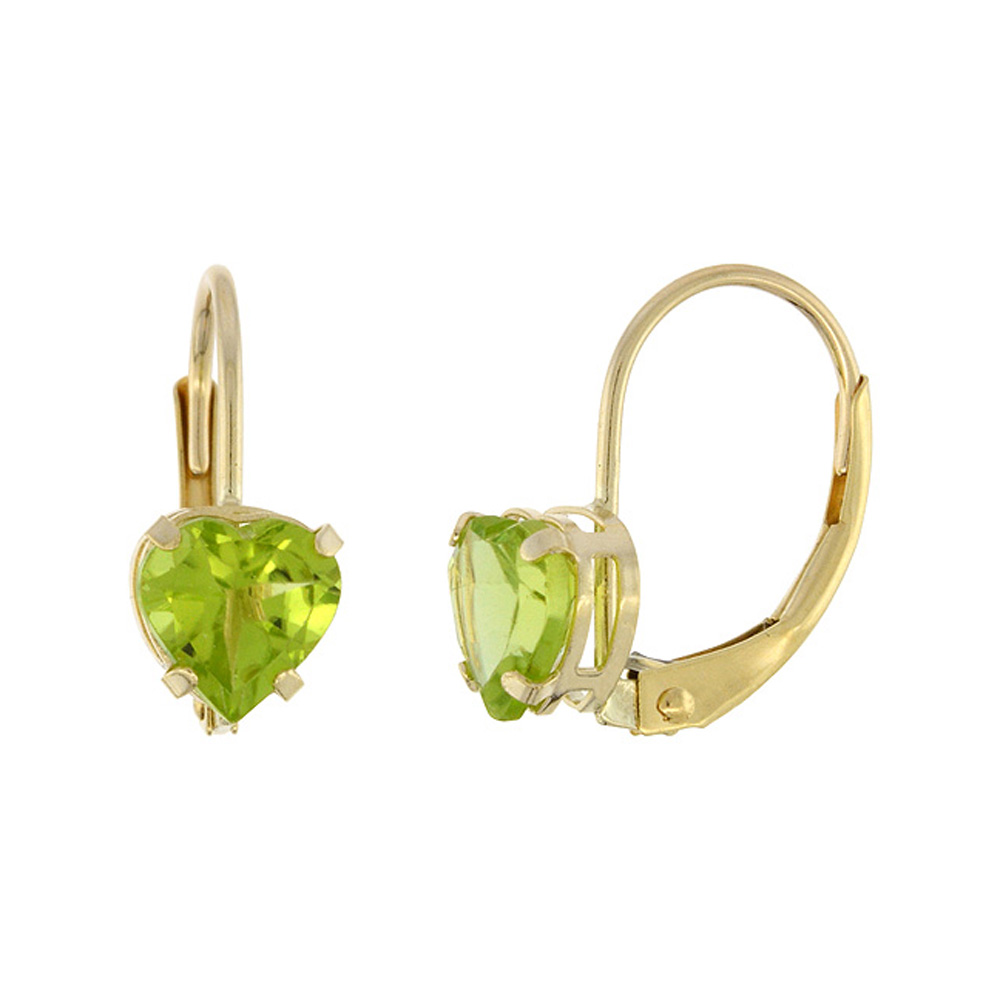 10k Yellow Gold Natural Peridot Leverback Earrings 6mm Heart Shape 1.5 ct 9/16 inch