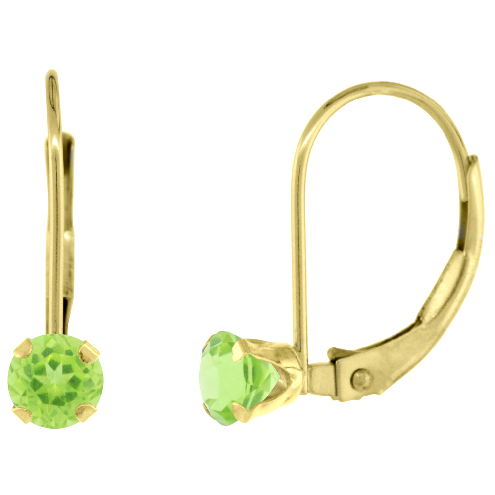 10k Yellow Gold Natural Peridot Leverback Earrings 4mm Round 0.50 ct 9/16 inch