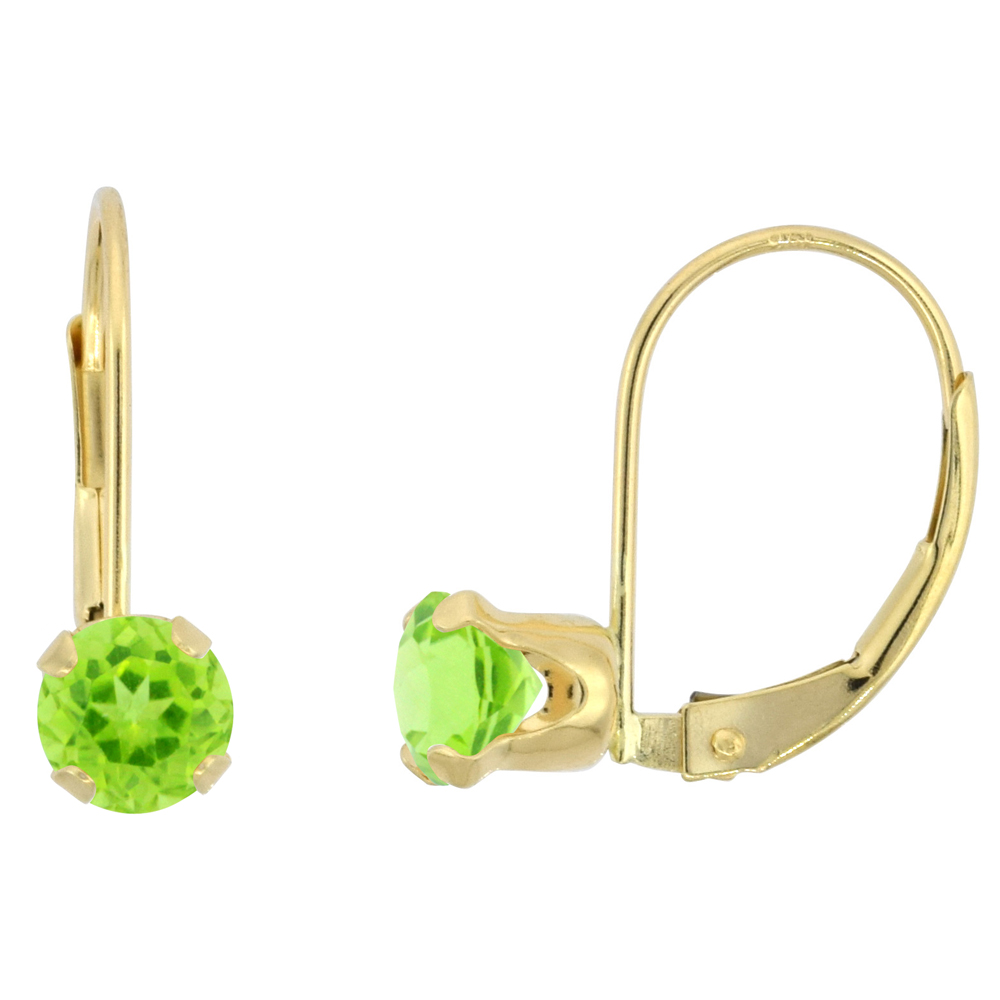 10k Yellow Gold Natural Peridot Leverback Earrings 5mm Round 1 ct 9/16 inch