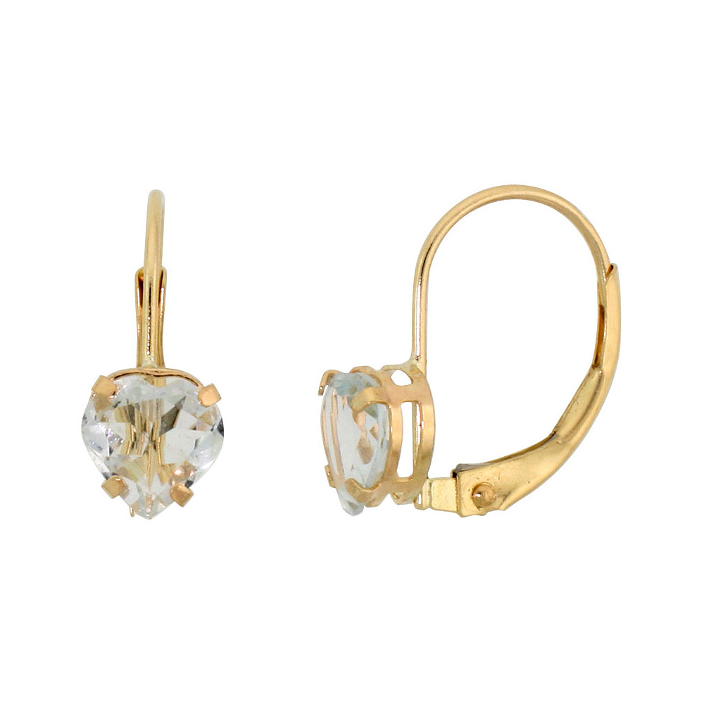 10k Yellow Gold Natural Aquamarine Leverback Earrings 6mm Heart Shape 1.5 ct 9/16 inch