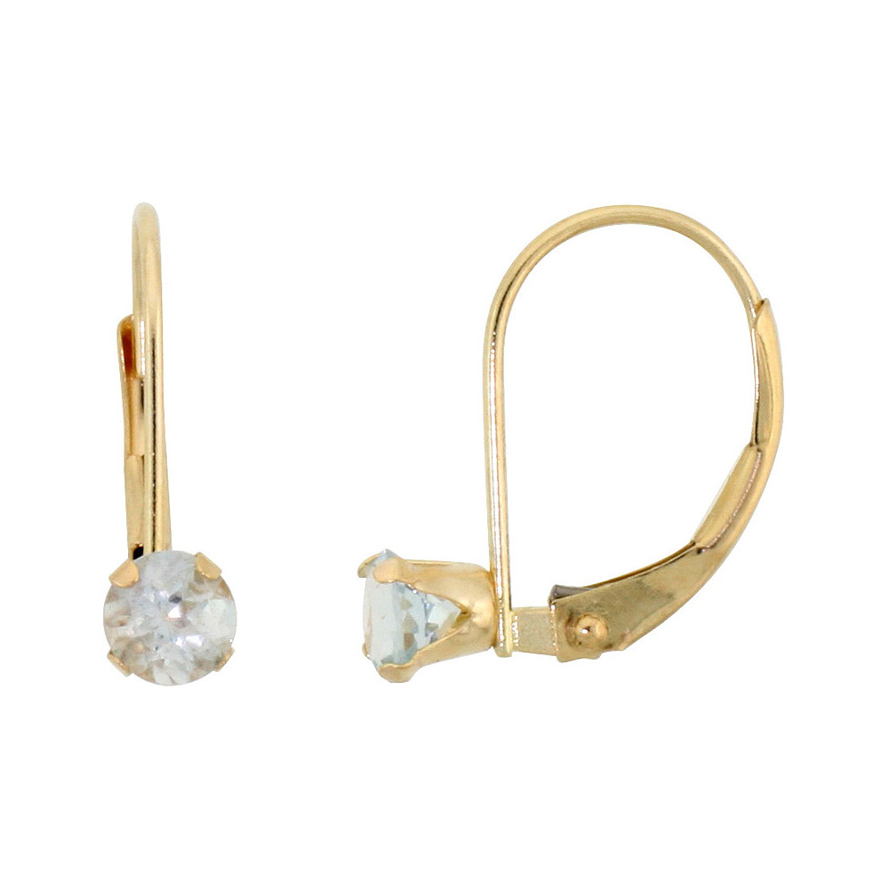 10k Yellow Gold Natural Aquamarine Leverback Earrings 4mm Round 0.50 ct 9/16 inch