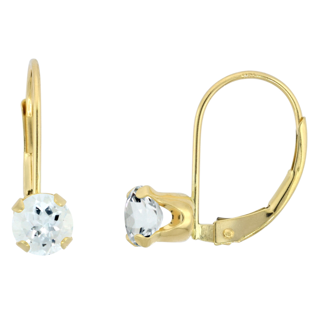 10k Yellow Gold Natural Aquamarine Leverback Earrings 5mm Round 1 ct 9/16 inch