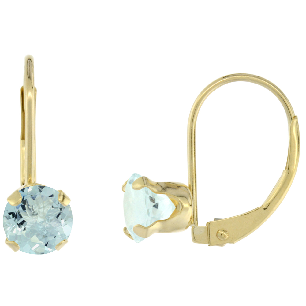 10k Yellow Gold Natural Aquamarine Leverback Earrings 6mm Round 1.5 ct 9/16 inch