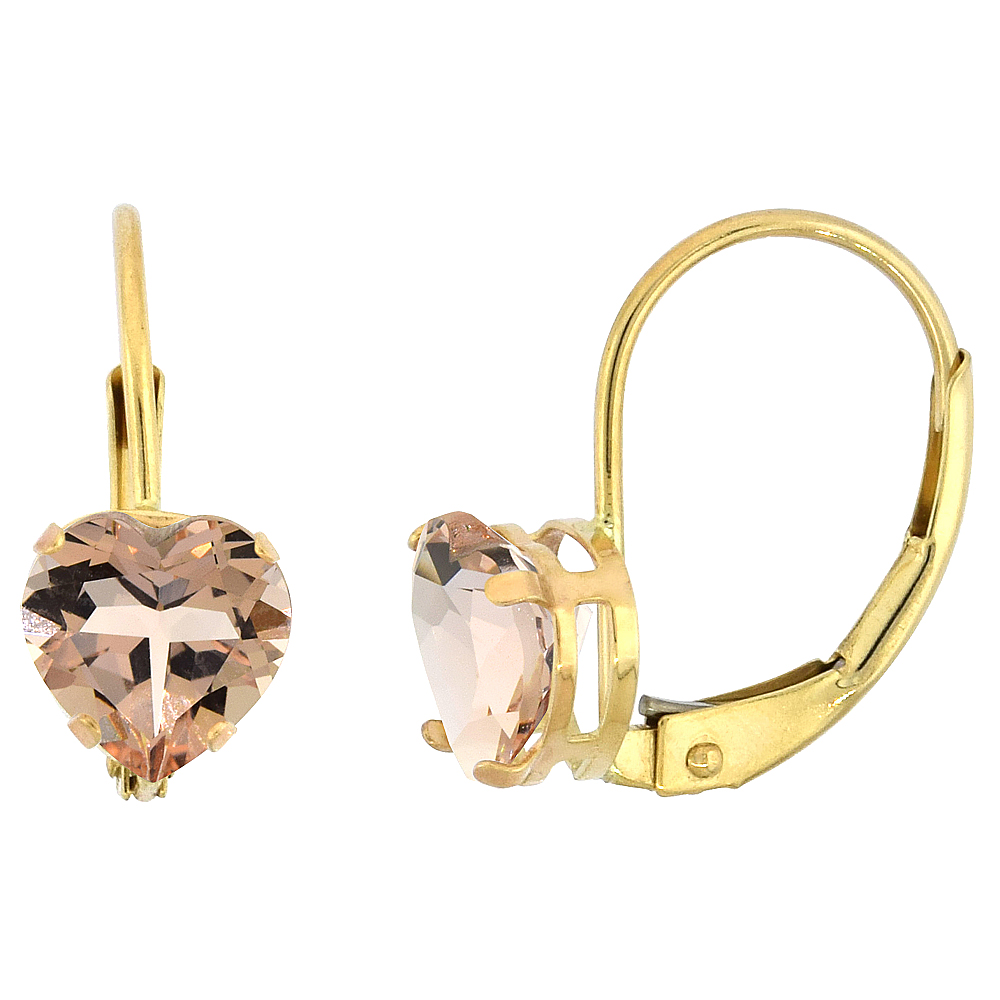 10k Yellow Gold Natural Morganite Leverback Earrings 6mm Heart Shape 1.5 ct 9/16 inch