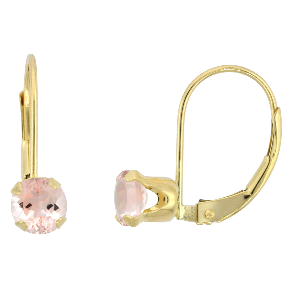 10k Yellow Gold Natural Morganite Leverback Earrings 5mm Round 1 ct 9/16 inch