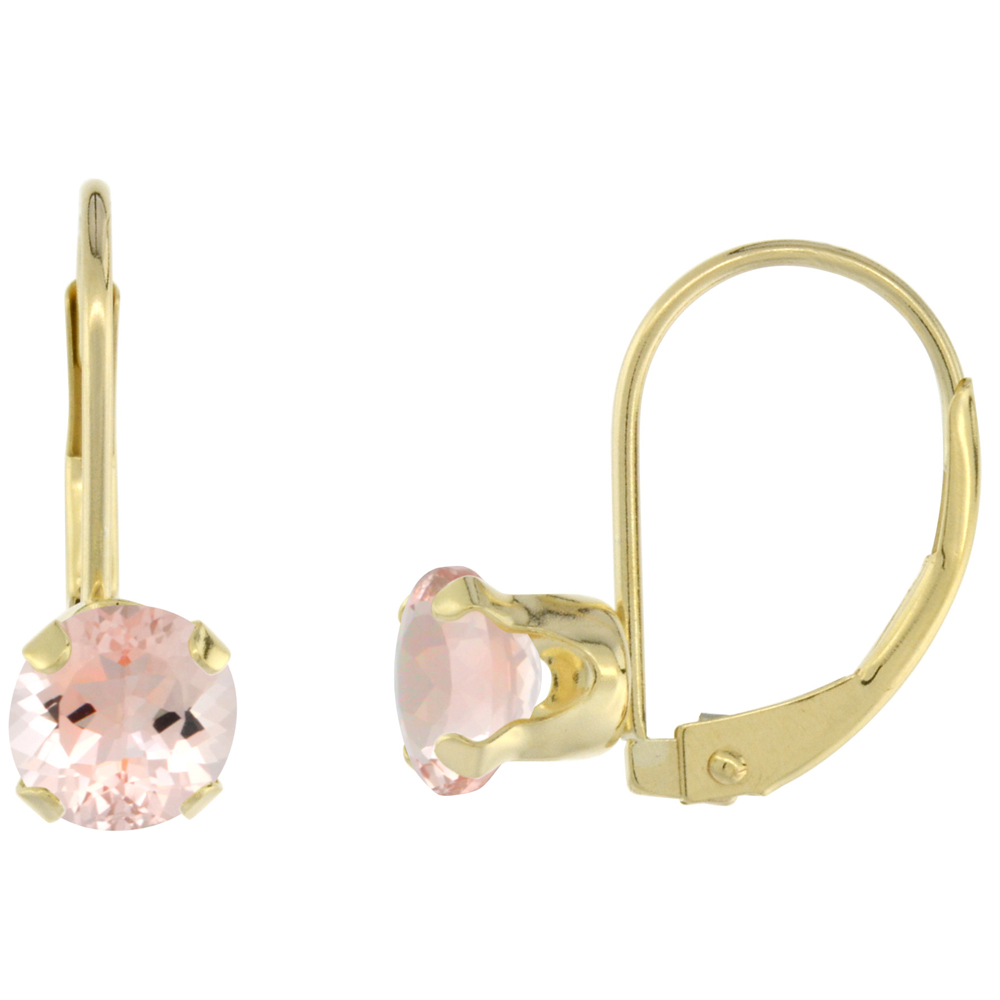 10k Yellow Gold Natural Morganite Leverback Earrings 6mm Round 1.5 ct 9/16 inch