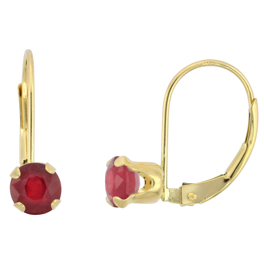 10k Yellow Gold Enhanced Genuine Ruby Leverback Earrings 5mm Round 1 ct 9/16 inch