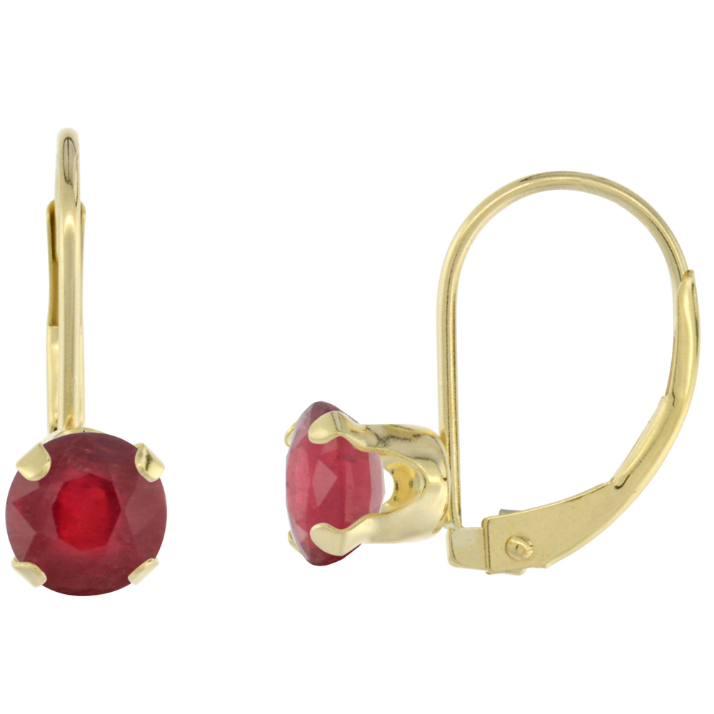 10k Yellow Gold Enhanced Genuine Ruby Leverback Earrings 6mm Round 1.5 ct 9/16 inch