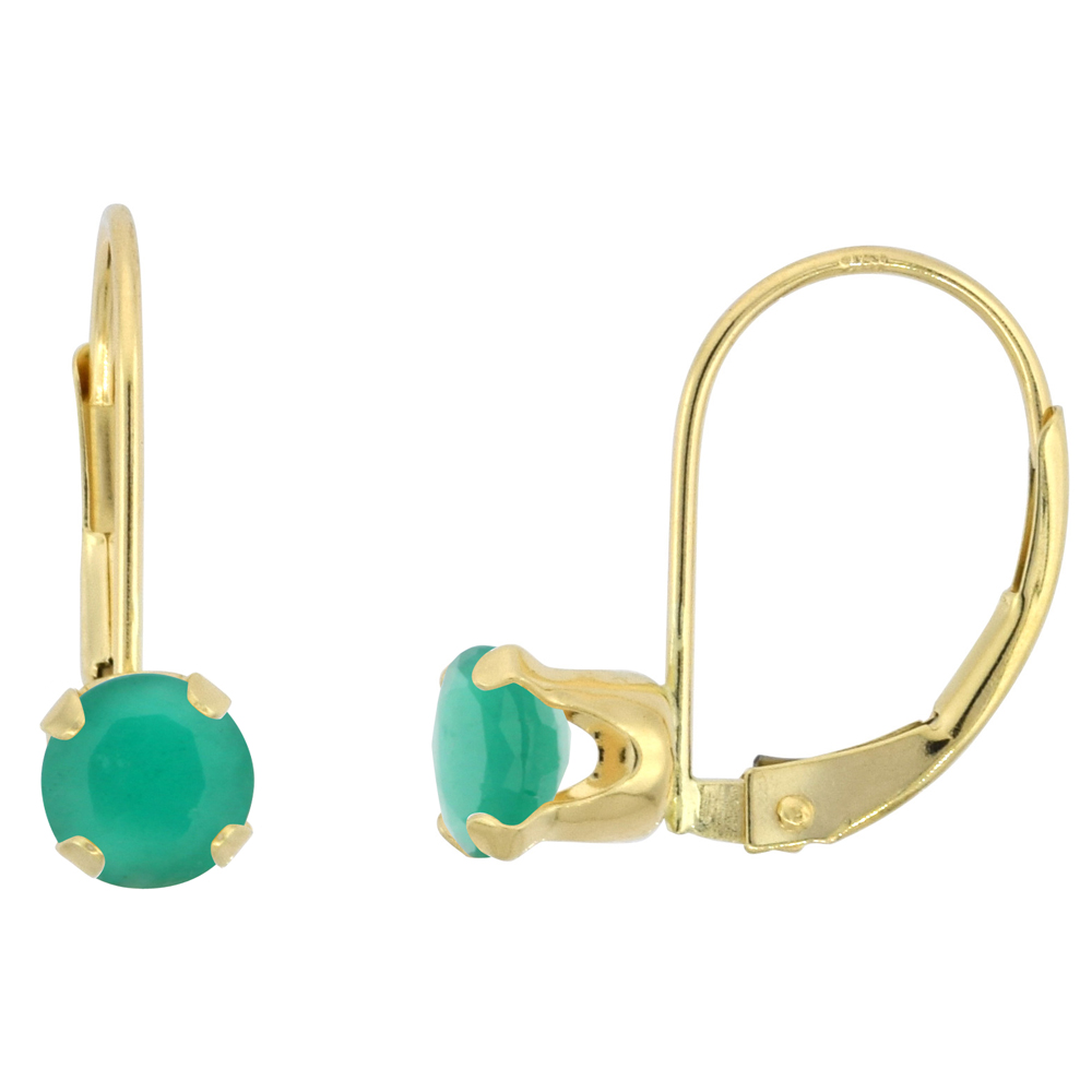 10k Yellow Gold Natural Emerald Leverback Earrings 5mm Round 1 ct 9/16 inch