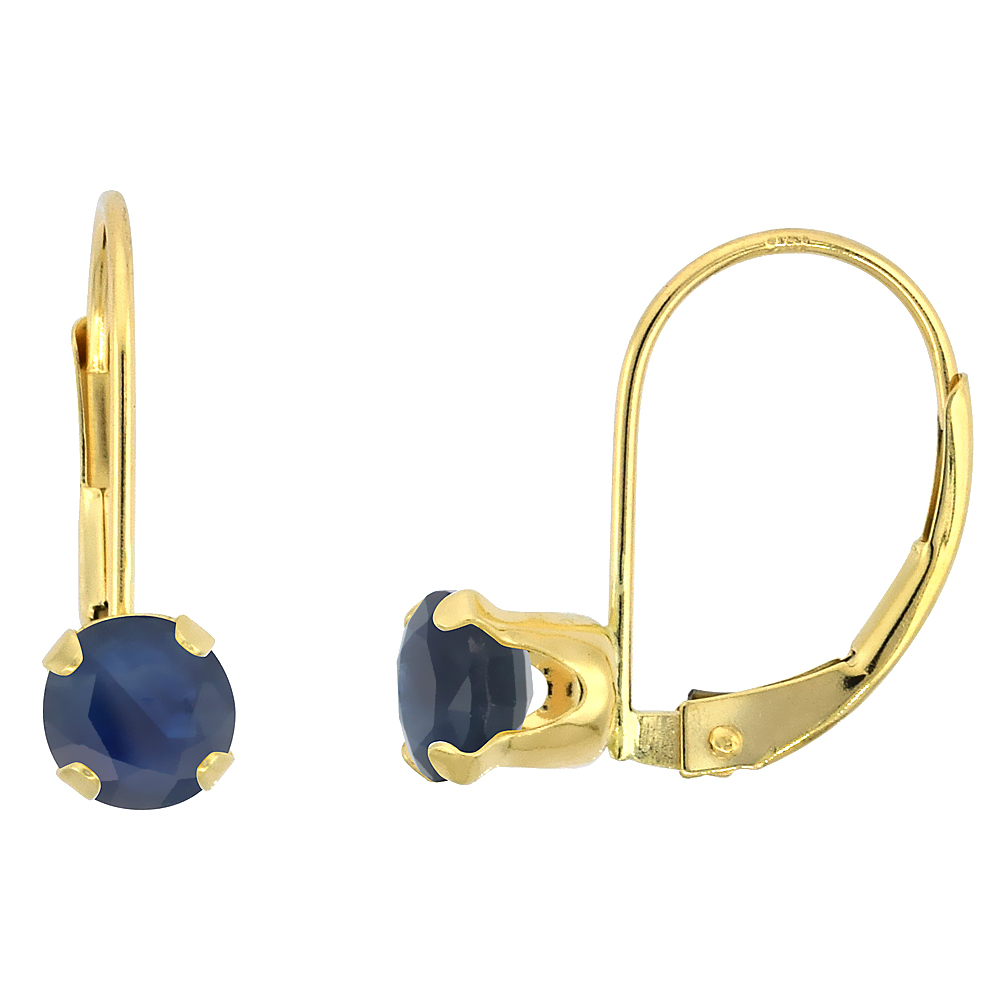 10k Yellow Gold Natural Blue Sapphire Leverback Earrings 5mm Round 1 ct 9/16 inch