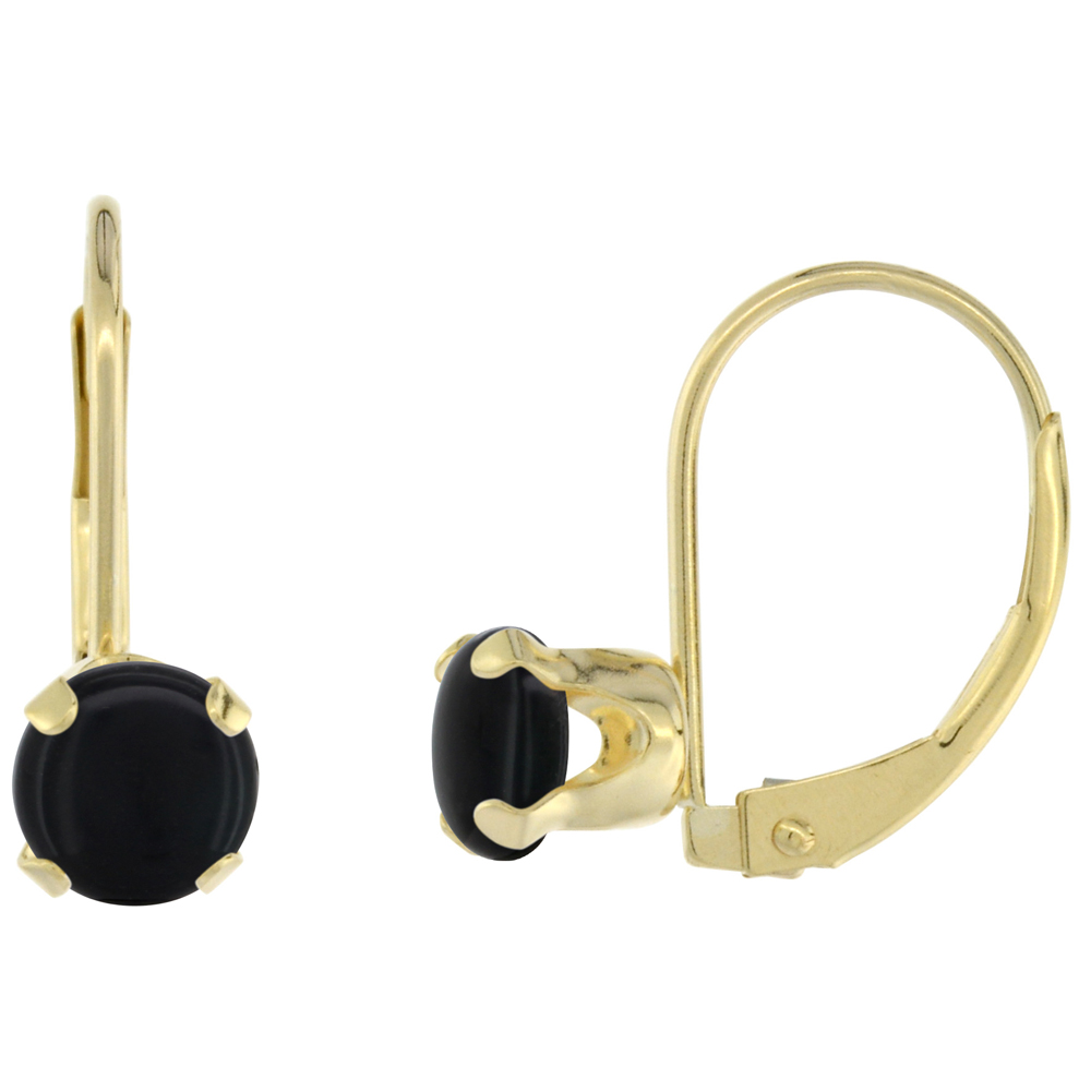 10k Yellow Gold Natural Black Onyx Leverback Earrings 6mm Round 1.5 ct 9/16 inch