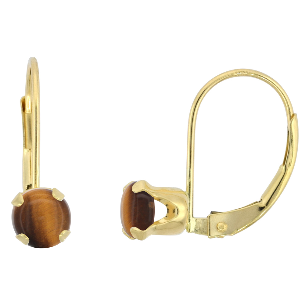 10k Yellow Gold Natural Tiger Eye Leverback Earrings 5mm Round 1 ct 9/16 inch