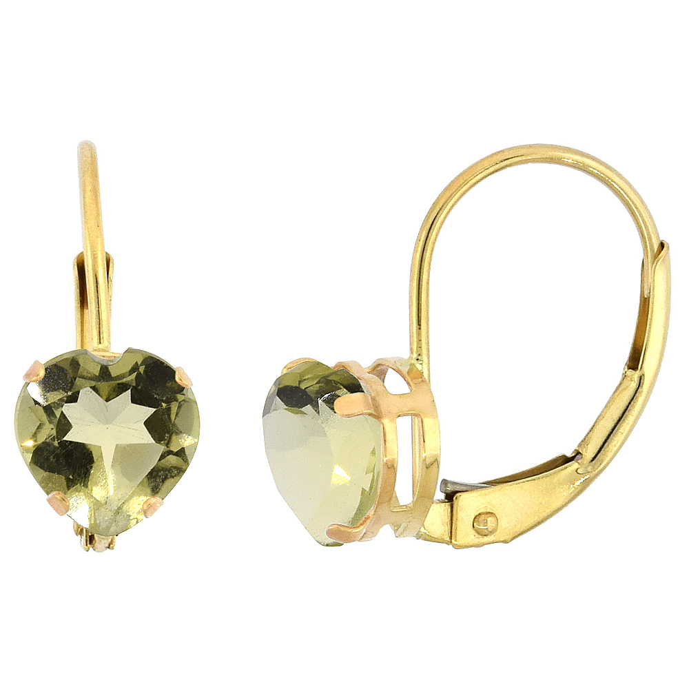 10k Yellow Gold Natural Lemon Quartz Leverback Earrings 6mm Heart Shape 1.5 ct 9/16 inch