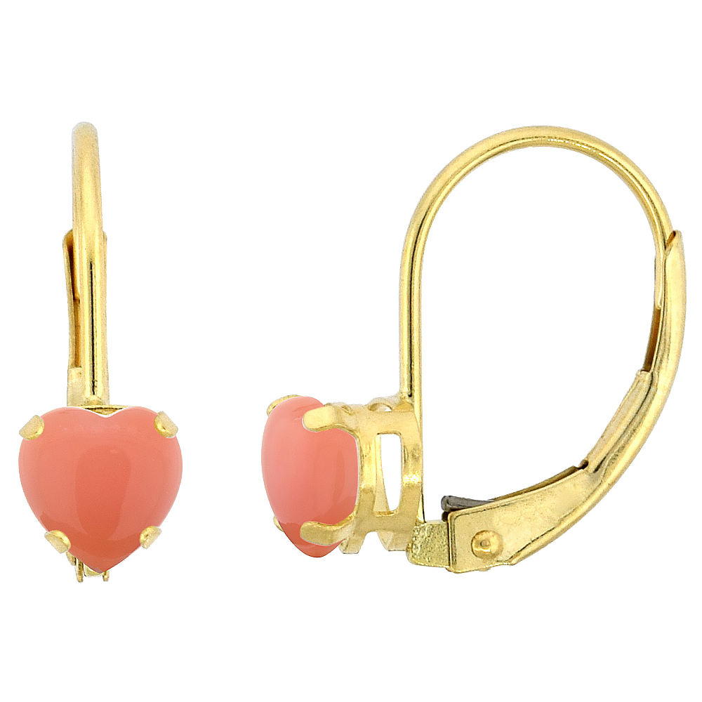 10k Yellow Gold Natural Coral Leverback Earrings 4mm Heart Shape 0.50 ct 9/16 inch