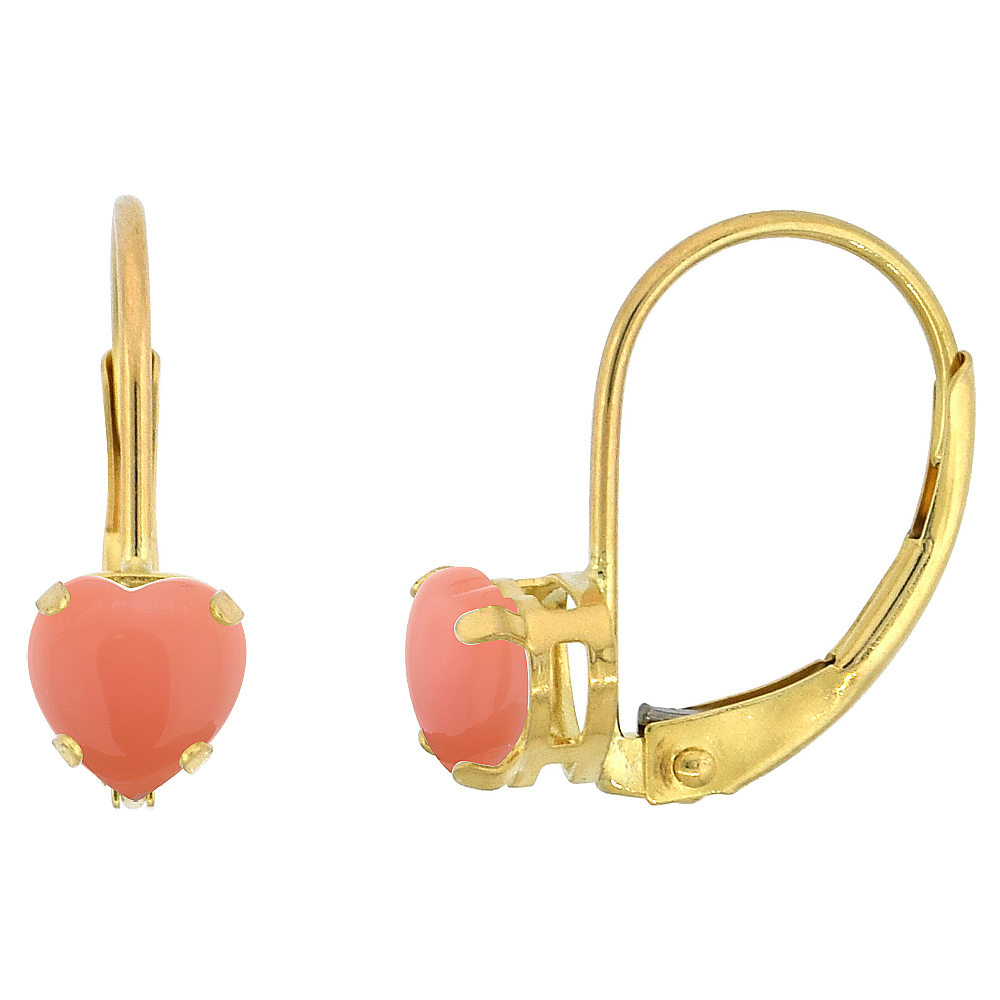 10k Yellow Gold Natural Coral Leverback Earrings 5mm Heart Shape 1 ct 9/16 inch