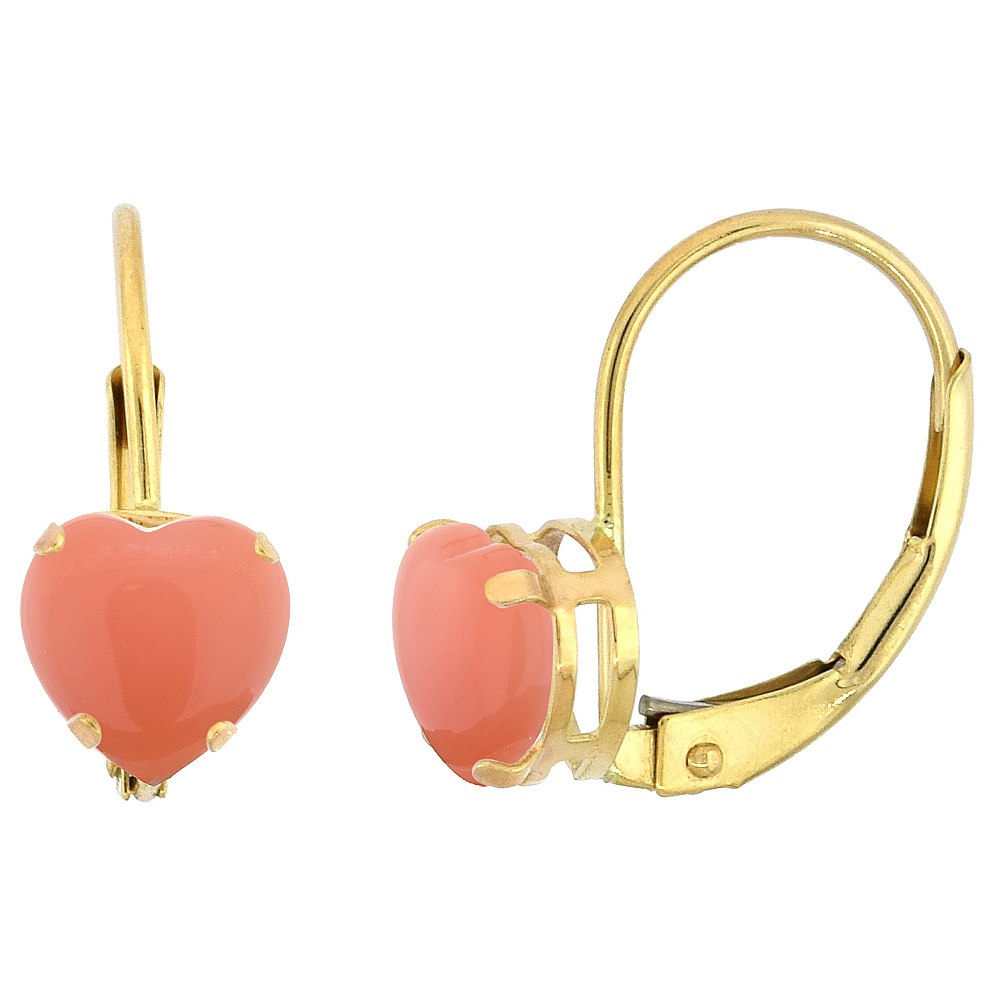 10k Yellow Gold Natural Coral Leverback Earrings 6mm Heart Shape 1.5 ct 9/16 inch