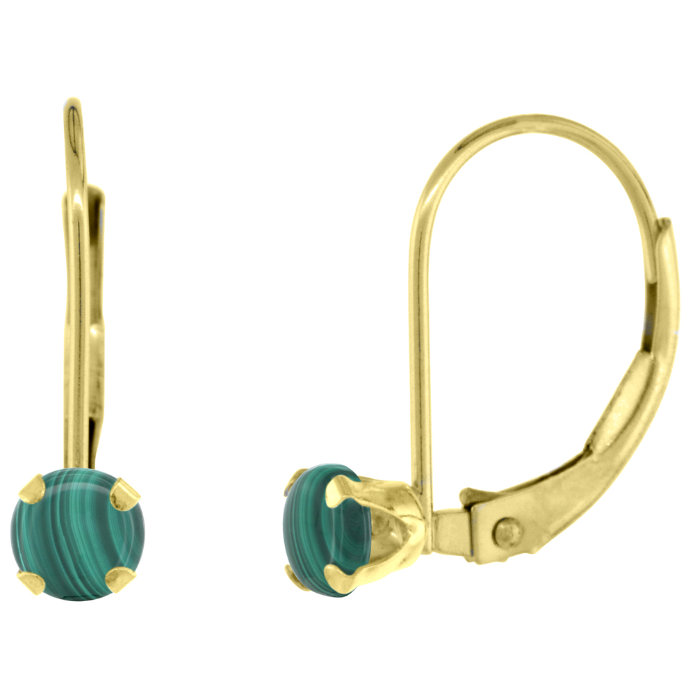 10k Yellow Gold Natural Malachite Leverback Earrings 4mm Round 0.50 ct 9/16 inch