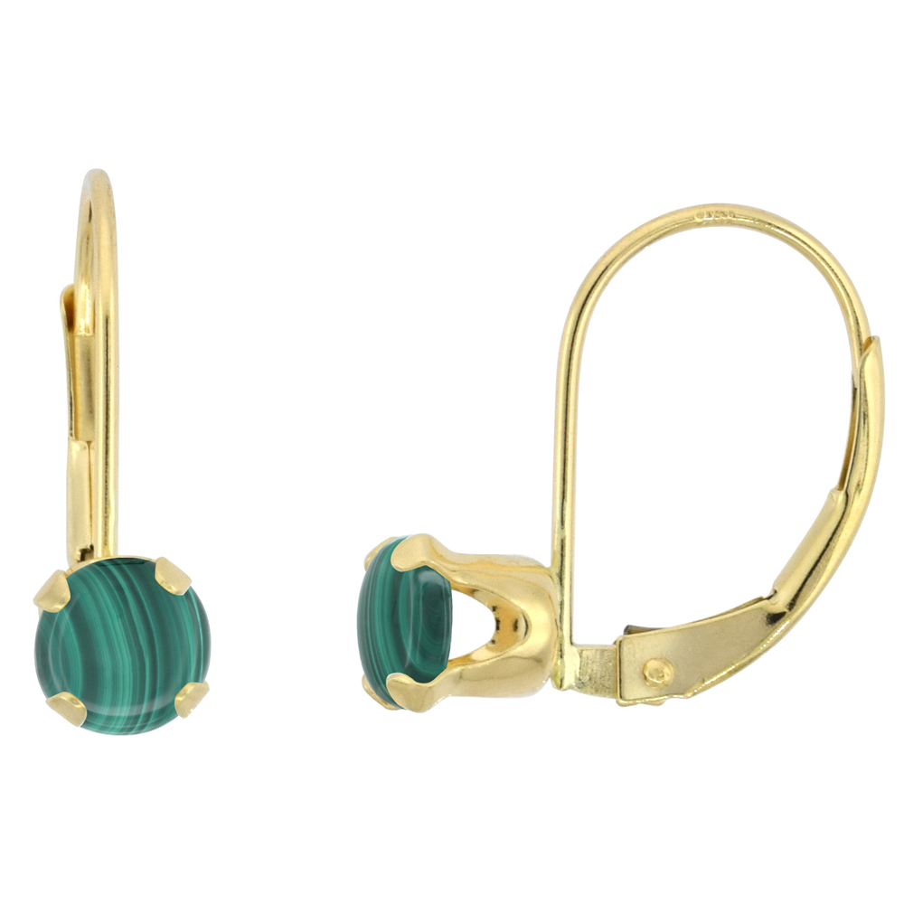 10k Yellow Gold Natural Malachite Leverback Earrings 5mm Round 1 ct 9/16 inch