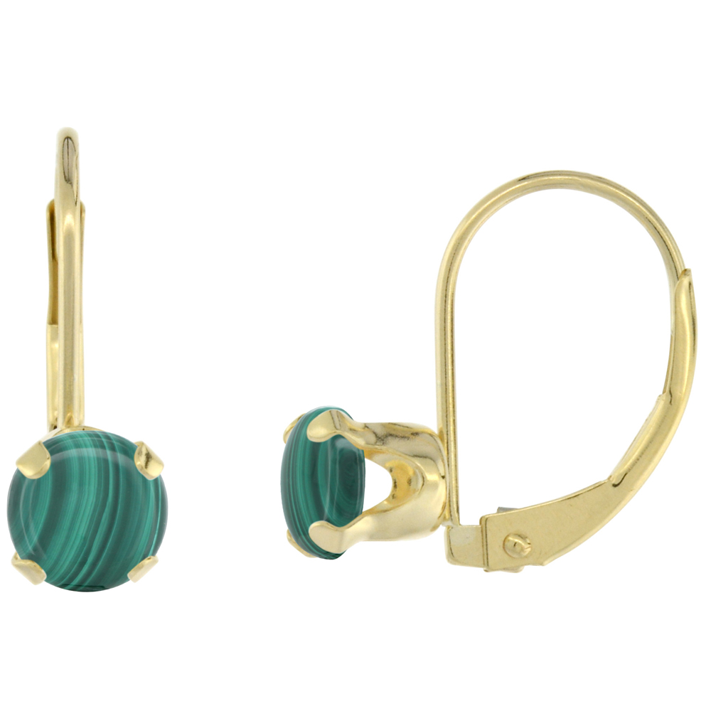 10k Yellow Gold Natural Malachite Leverback Earrings 6mm Round 1.5 ct 9/16 inch
