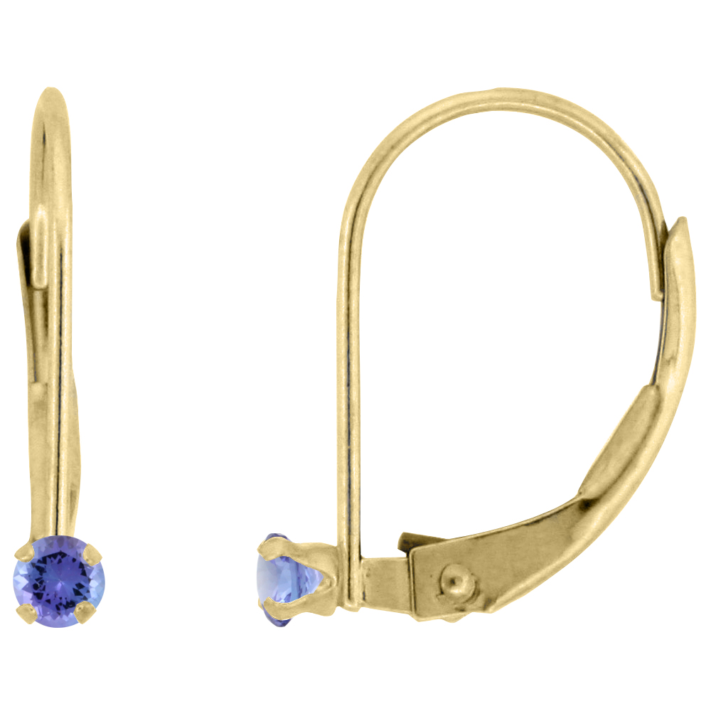 10k Yellow Gold Natural Tanzanite Leverback Earrings 2mm Round 0.08 ct 9/16 inch