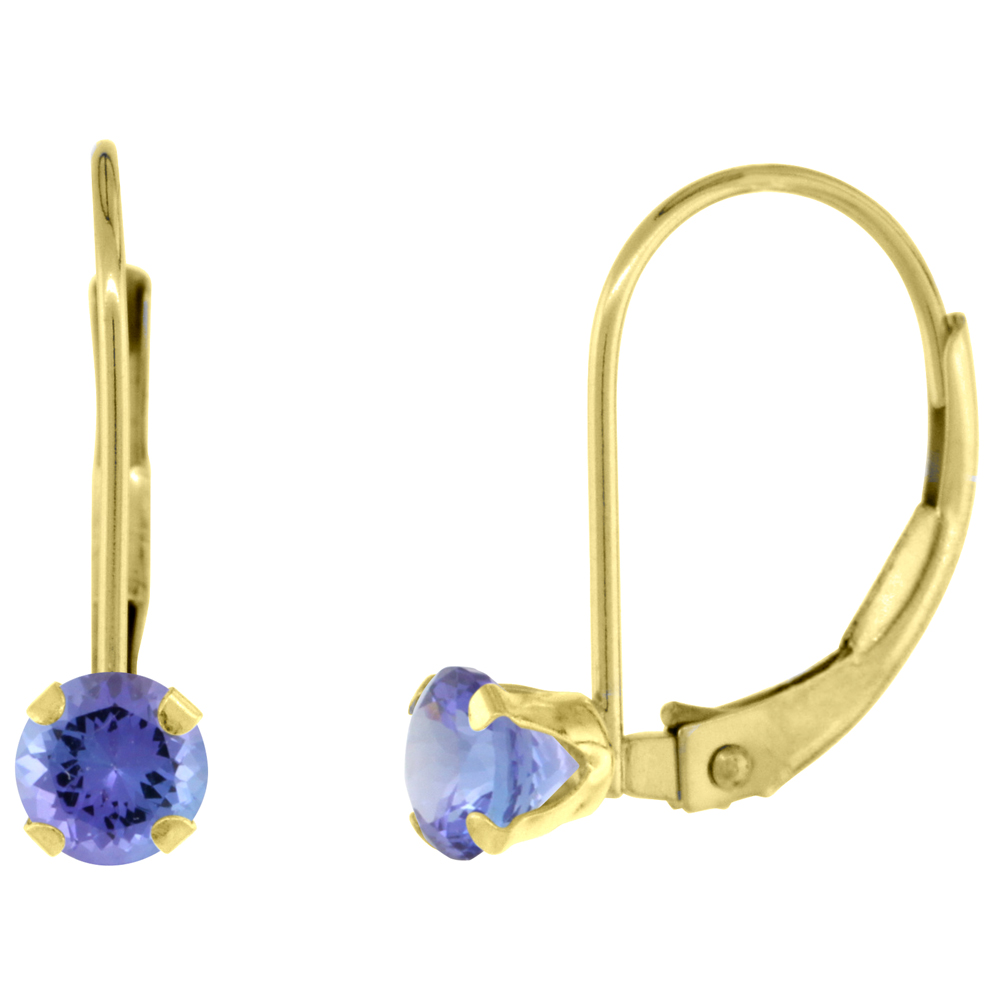 10k Yellow Gold Natural Tanzanite Leverback Earrings 4mm Round 0.50 ct 9/16 inch