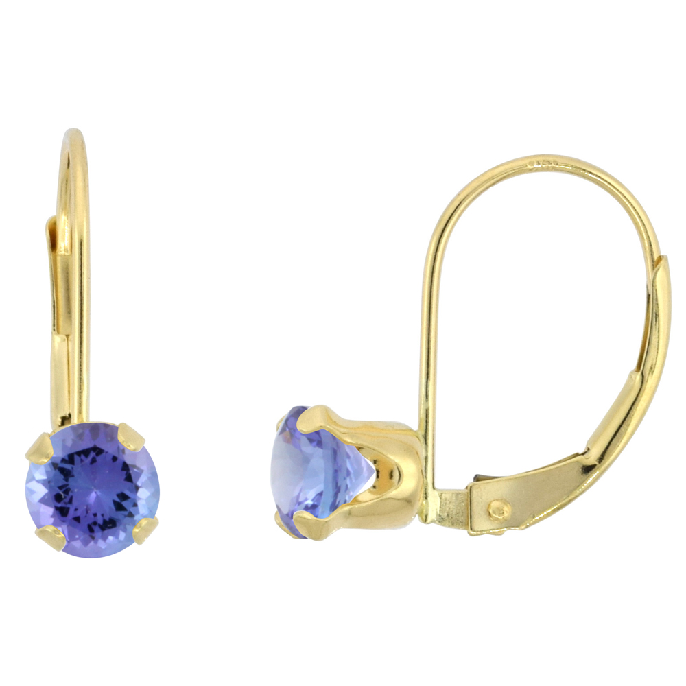 10k Yellow Gold Natural Tanzanite Leverback Earrings 5mm Round 1 ct 9/16 inch