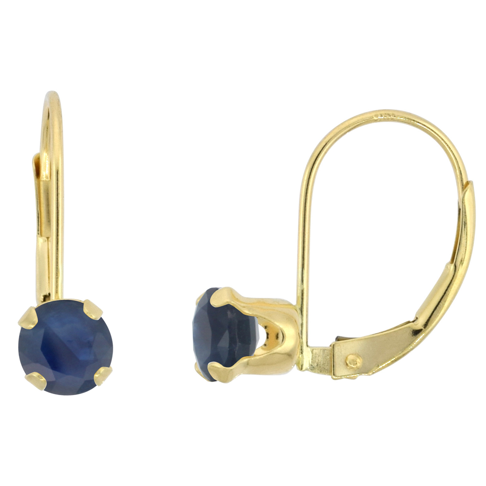 10k Yellow Gold Natural High Grade Blue Sapphire Leverback Earrings 5mm Round 1 ct 9/16 inch