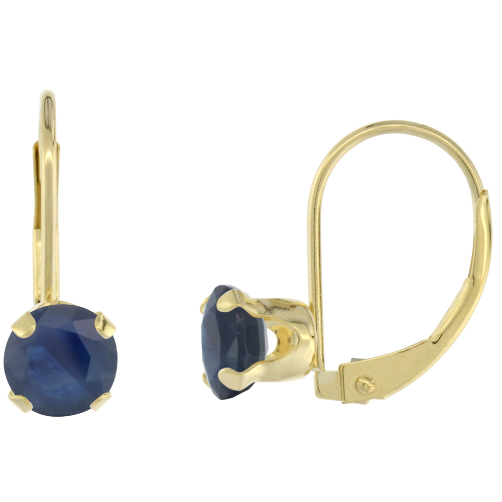10k Yellow Gold Diamond High Grade Natural Blue Sapphire Leverback Earrings 6mm Round 1.5 ct 9/16 inch