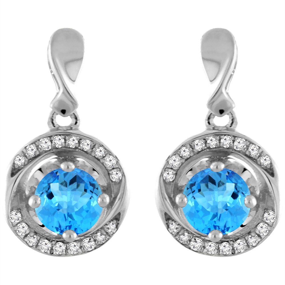 14K White Gold Natural Swiss Blue Topaz Earrings with Diamond Accents Round 4 mm