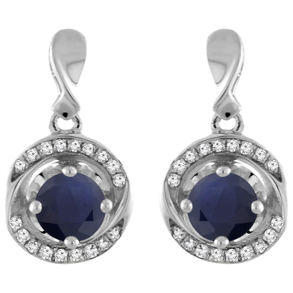 14K White Gold Natural Blue Sapphire Earrings with Diamond Accents Round 4 mm
